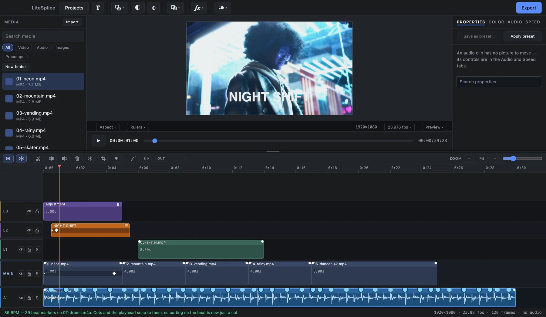Beat markers found on a drum track in LiteSplice