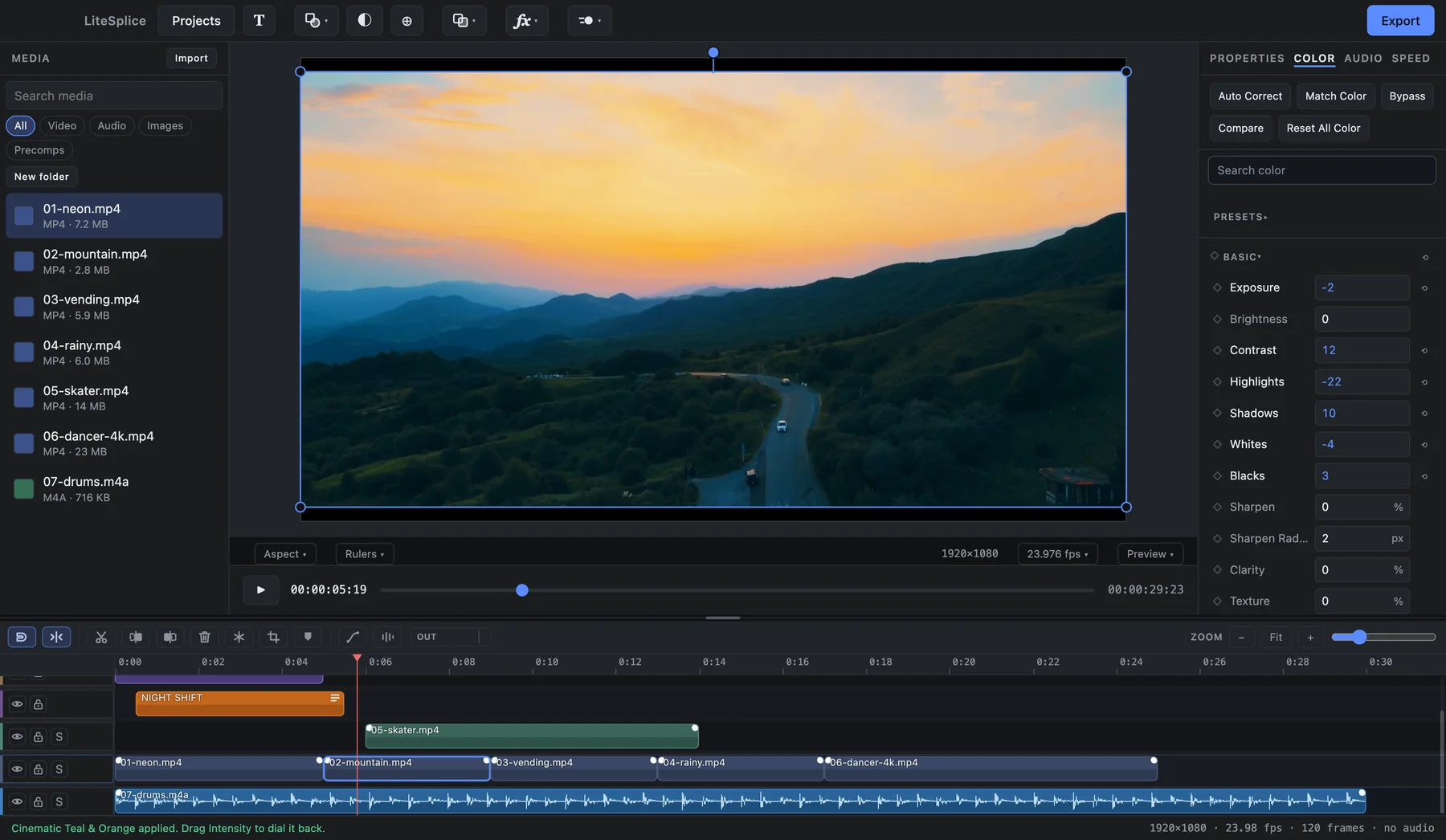 The LiteSplice Color tab with scopes