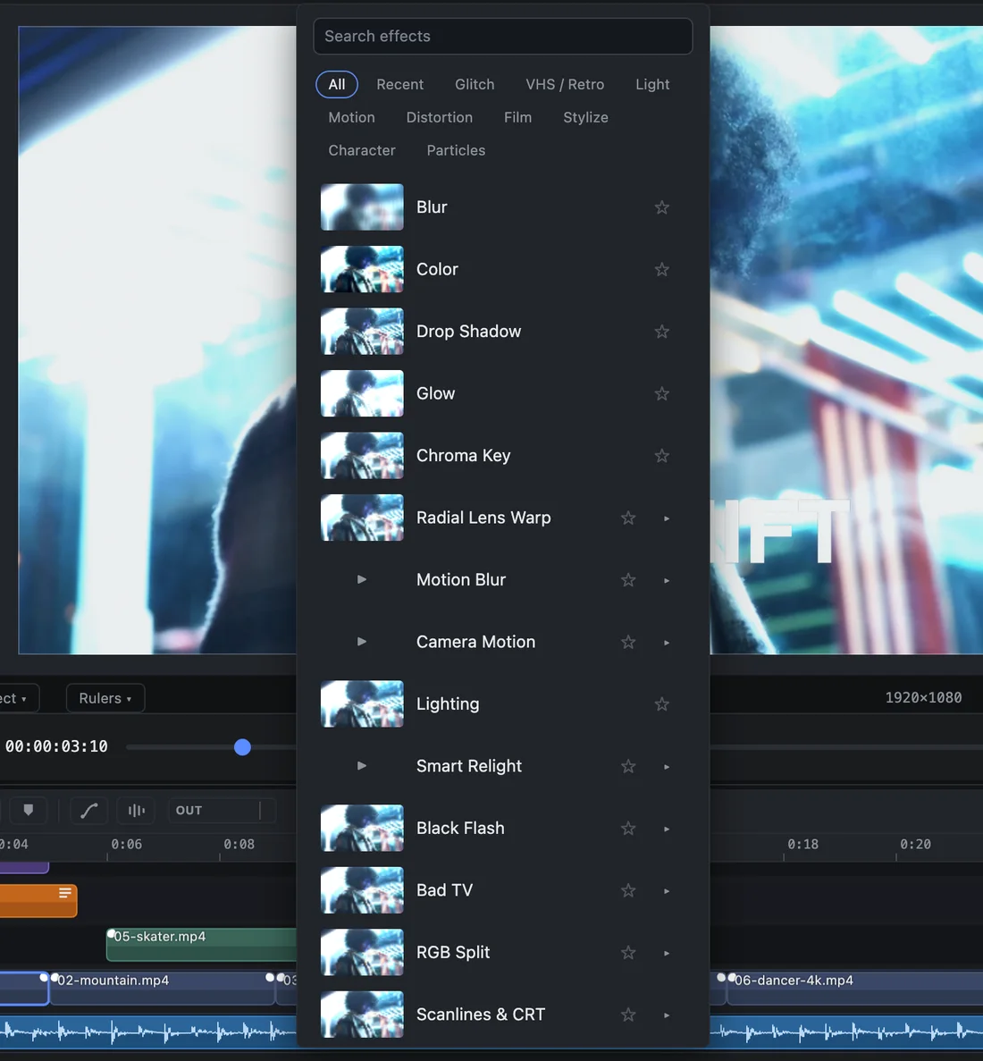 The LiteSplice effect browser showing live thumbnails of the selected clip