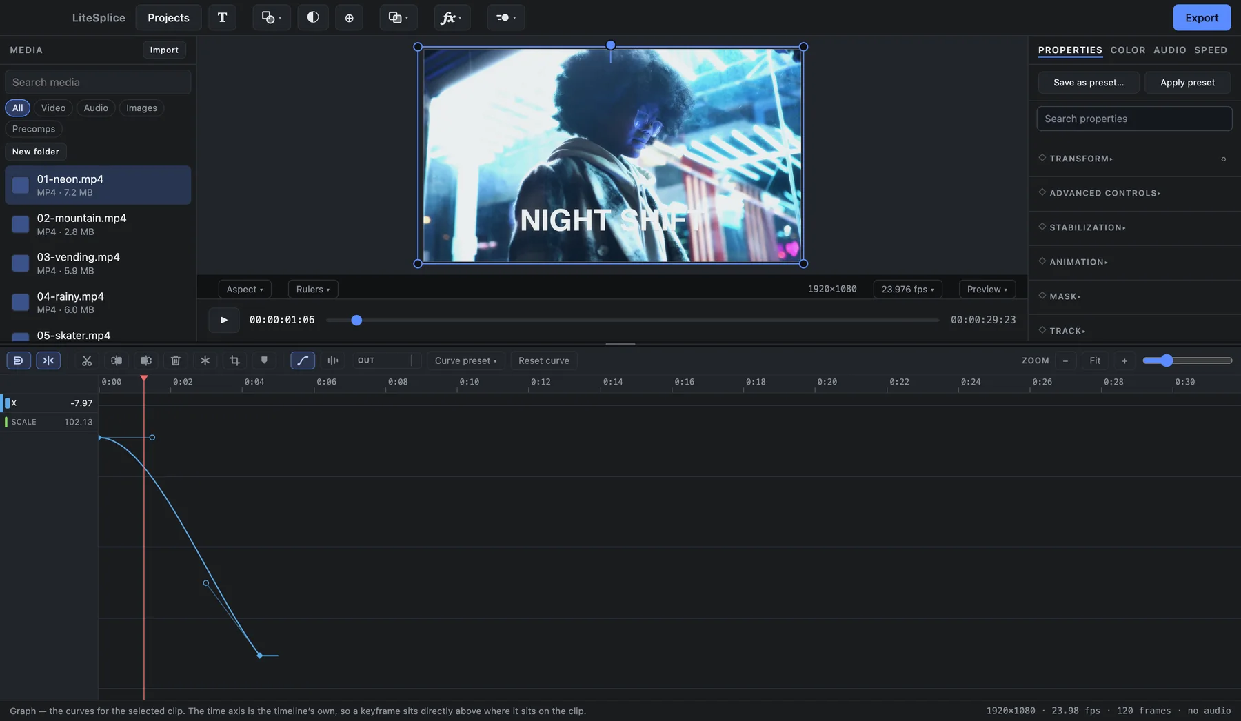 The LiteSplice graph editor with bezier handles