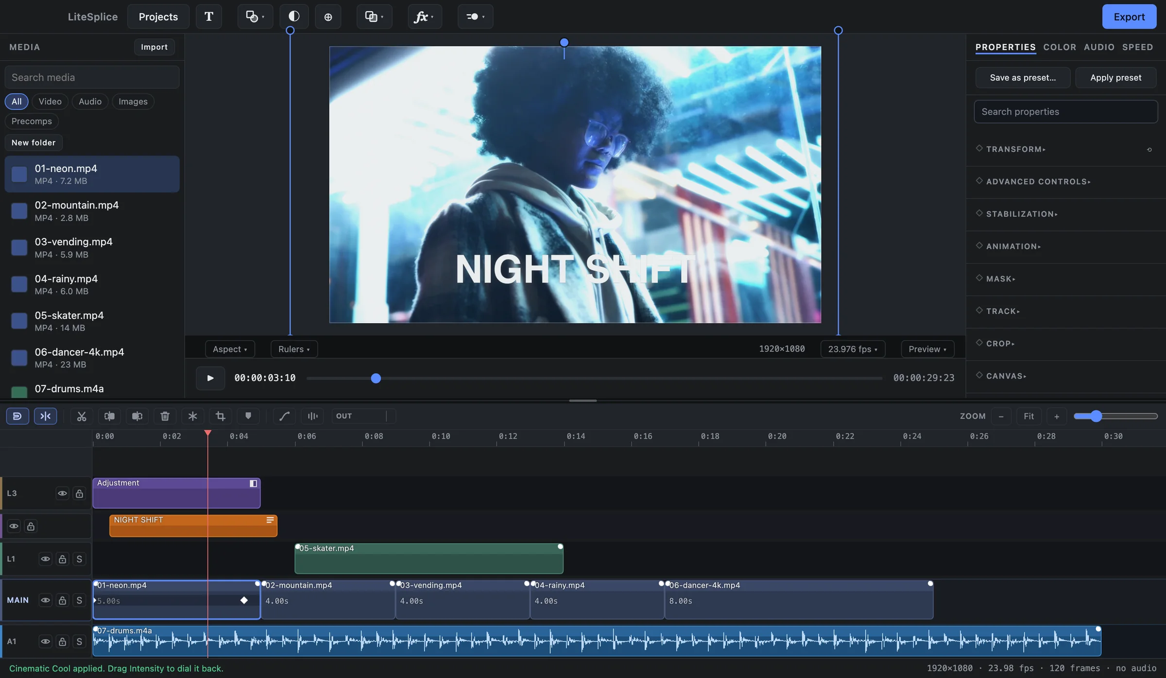 The LiteSplice editor with a multi-layer timeline, the preview and the Properties panel