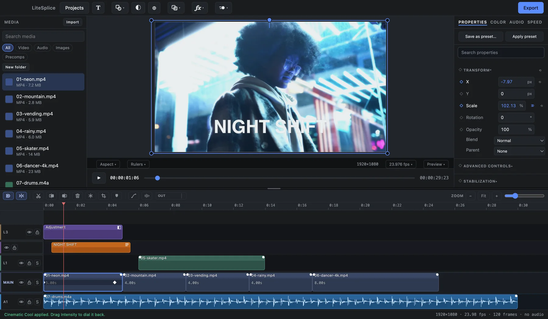 Keyframes on effect and transform parameters in LiteSplice