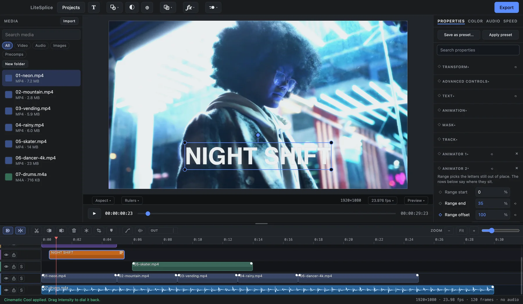 A title animating in letter by letter in LiteSplice